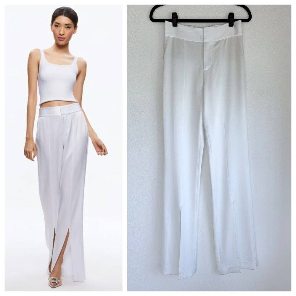 NWT Alice + Olivia Jody High Waisted Front Slit Satin Pants in White Size 4